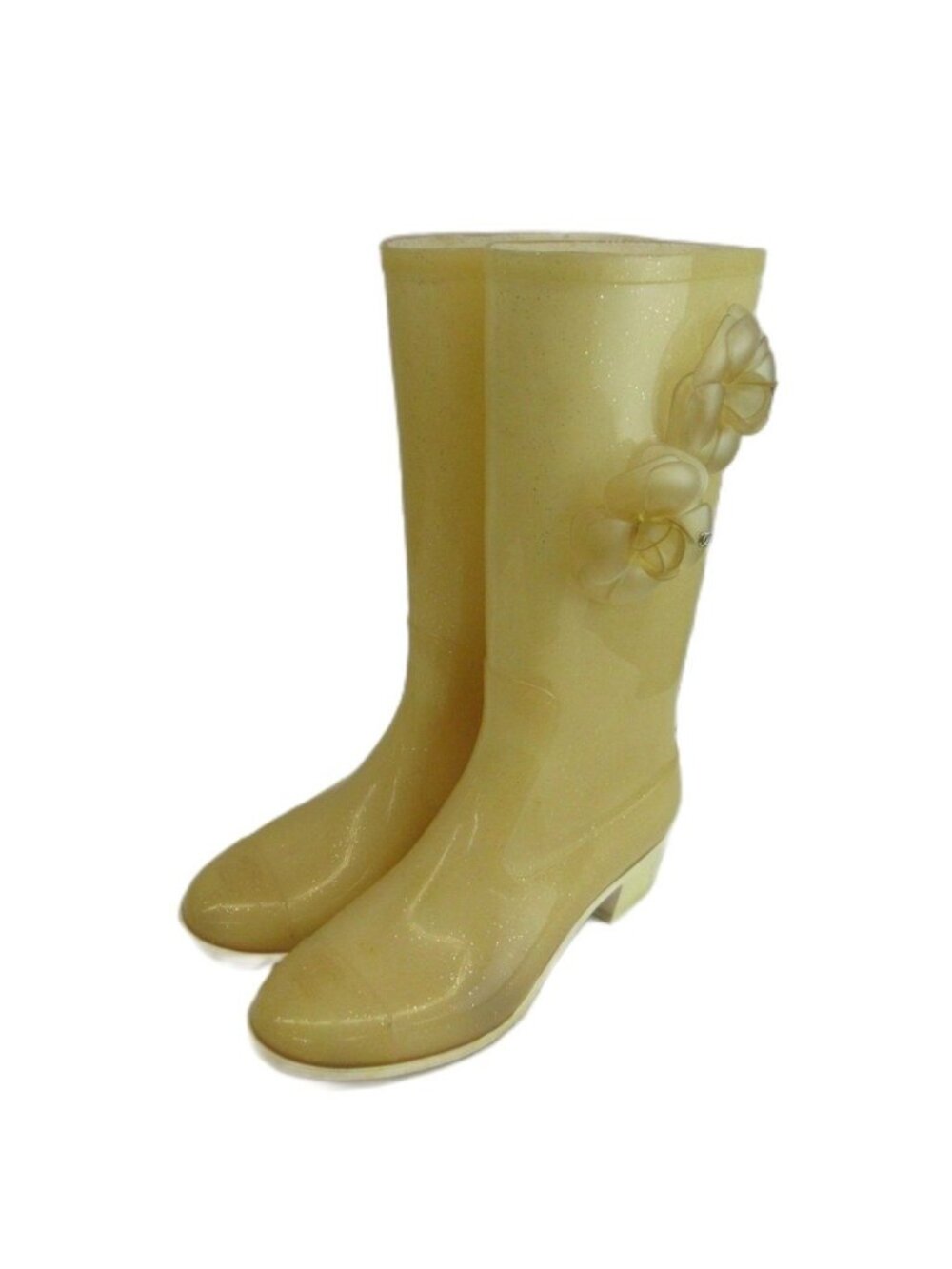Chanel Camellia CC Logo Rain Boots Rubber Glitter Long Beige